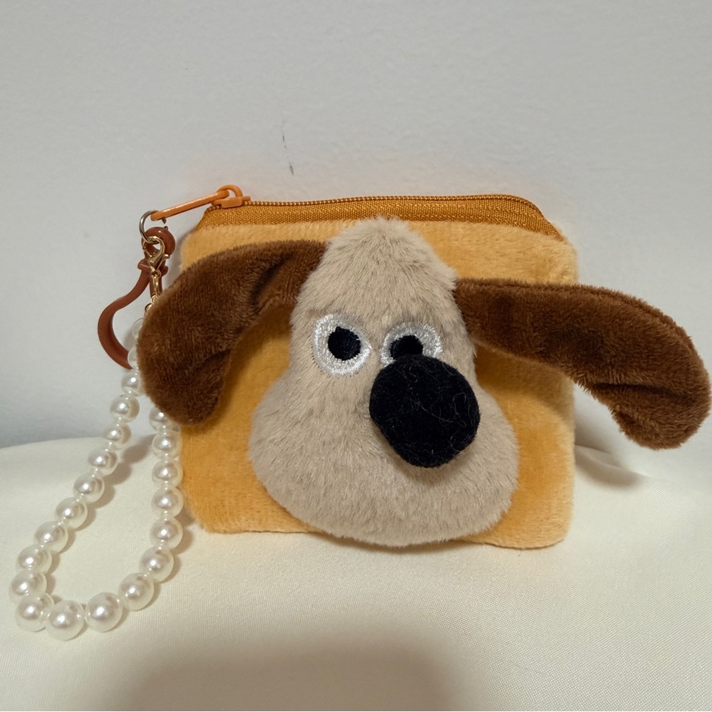 Plush Dog Coin Purse with Pearl Handle - Brown and Tan Bag Charm